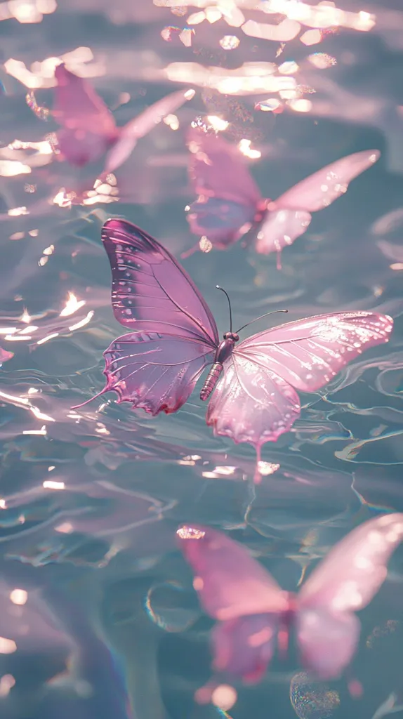 A large, pale pink butterfly with delicate wings floats on the surface of shimmering teal water.  Several other butterflies, similarly colored and translucent, are visible both above and below the water, creating a dreamy, ethereal scene. The light reflects beautifully on the water's surface, enhancing the overall magical ambiance.