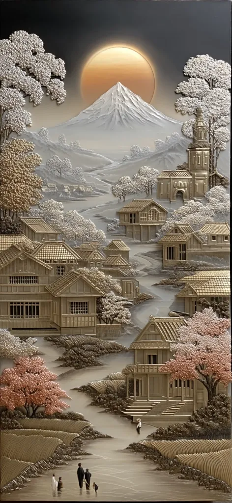 A stunning bas-relief artwork depicts a serene Japanese village nestled beneath Mount Fuji.  The scene is bathed in the warm glow of a setting sun, accented by delicate, embossed cherry blossoms.  Traditional houses line a gently flowing stream, leading the eye towards the majestic mountain. The intricate detail and muted color palette create a peaceful and contemplative atmosphere. A family strolls along the path, adding a touch of human life to the idyllic landscape.