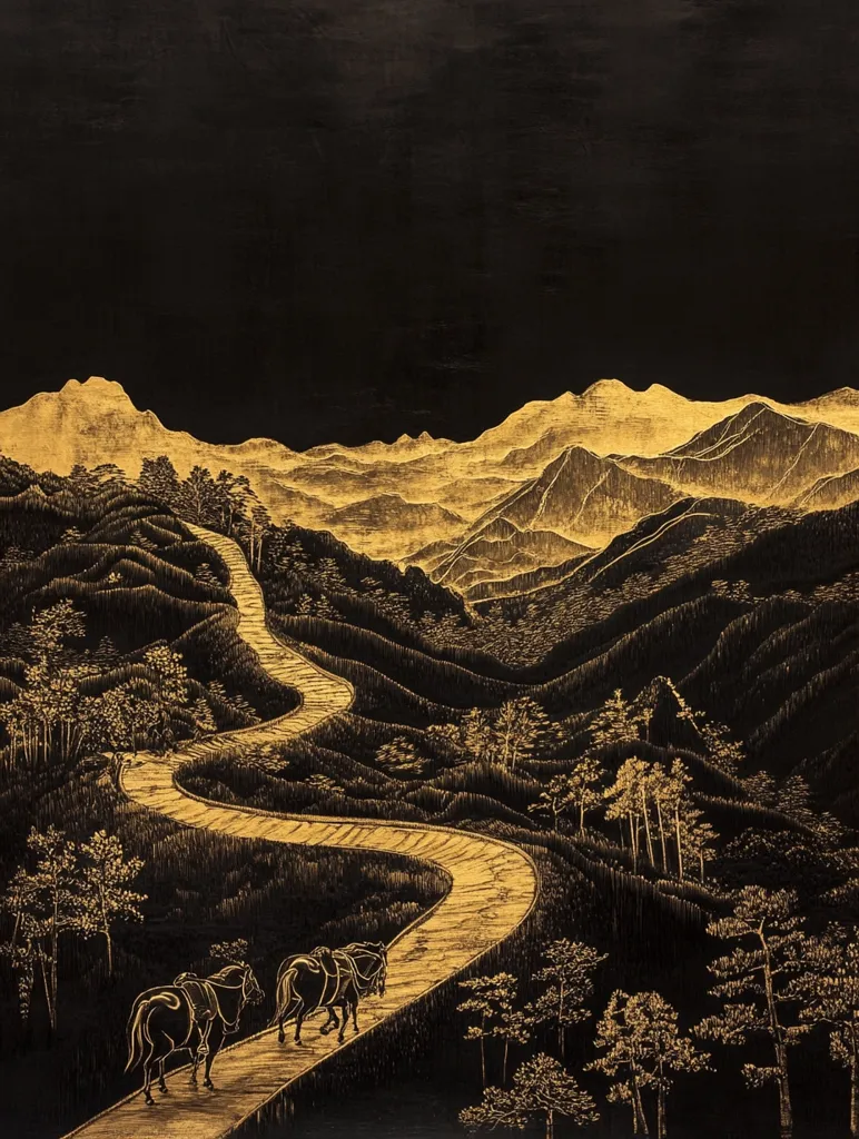 A winding gold road ascends through dark, mountainous terrain under a black sky. Two laden horses, depicted in gold, traverse the path, their forms detailed against the stark backdrop. The artist uses contrasting shades of gold and black to create a dramatic and visually striking landscape. The scene evokes a sense of journey and solitude, with the winding road symbolizing a path leading into the unknown.