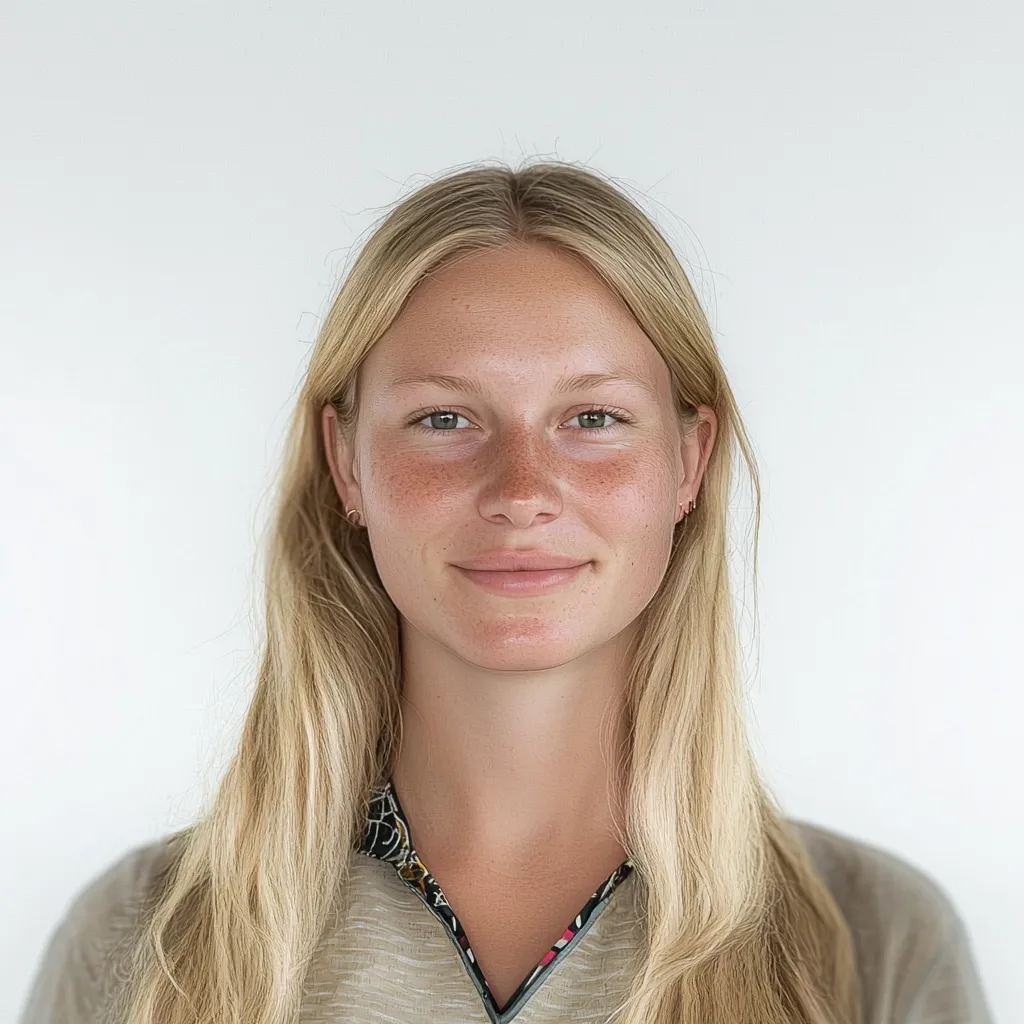 A young woman with long, blonde hair and fair skin smiles softly at the camera.  She has freckles across her nose and cheeks.  She's wearing a light beige, casual shirt with subtle detailing at the neckline. The background is a plain white.  Her expression is pleasant and approachable.
