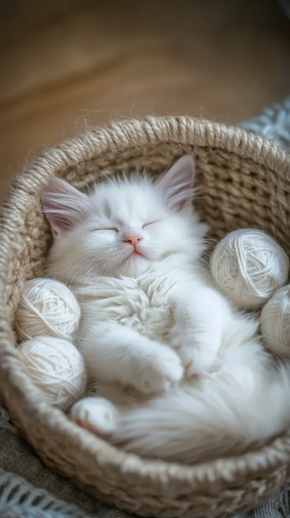 A fluffy white kitten peacefully sleeps curled up in a woven basket.  Surrounding the kitten are several balls of soft, white yarn. The scene is soft, warm, and evokes a feeling of comfort and tranquility. The kitten's eyes are closed, and its paws are tucked neatly under its body.