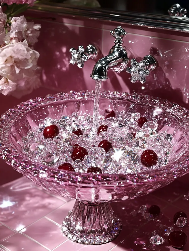 A pink, crystal-encrusted sink basin overflows with faux diamonds and cherries.  Water flows from an ornate, silver faucet into the basin.  The scene is luxurious and glamorous, set against a pink tiled backdrop with pink cherry blossoms partially visible.  The overall aesthetic is highly stylized and opulent.