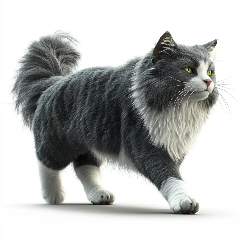 A gray and white longhaired cat with striking green eyes is captured in a full-body, three-quarter view.  Its thick, fluffy fur is highlighted, showcasing its luxurious coat. The cat's tail is bushy, and its paws are neatly presented. The image is set against a stark white background, emphasizing the cat's features. The cat appears to be walking, conveying a sense of grace and elegance.
