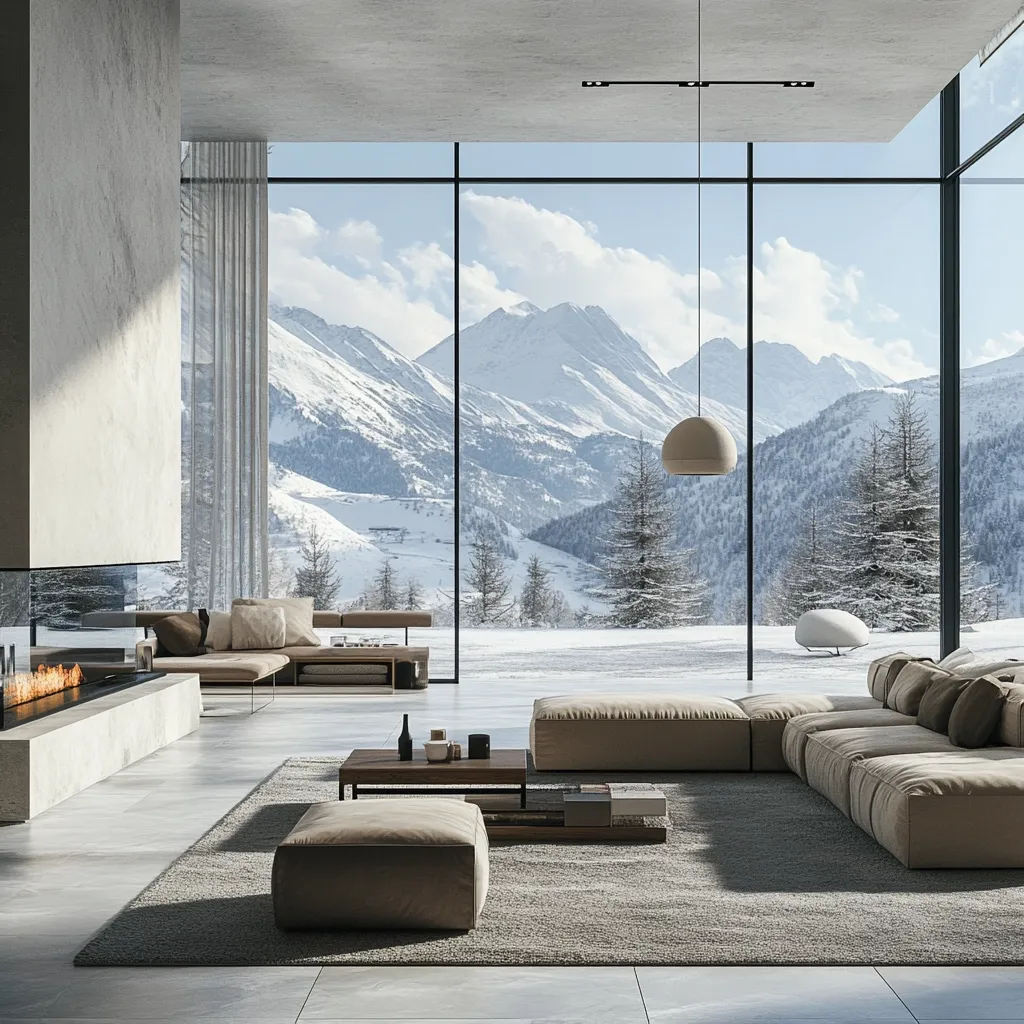 A modern minimalist living room boasts floor-to-ceiling windows showcasing a breathtaking snowy mountain vista.  Neutral-toned, low-slung modular sofas and a coffee table are arranged on a plush rug. A built-in fireplace adds warmth, contrasting the cool tones of the room and the winter landscape outside. The overall design is clean, spacious, and luxurious.