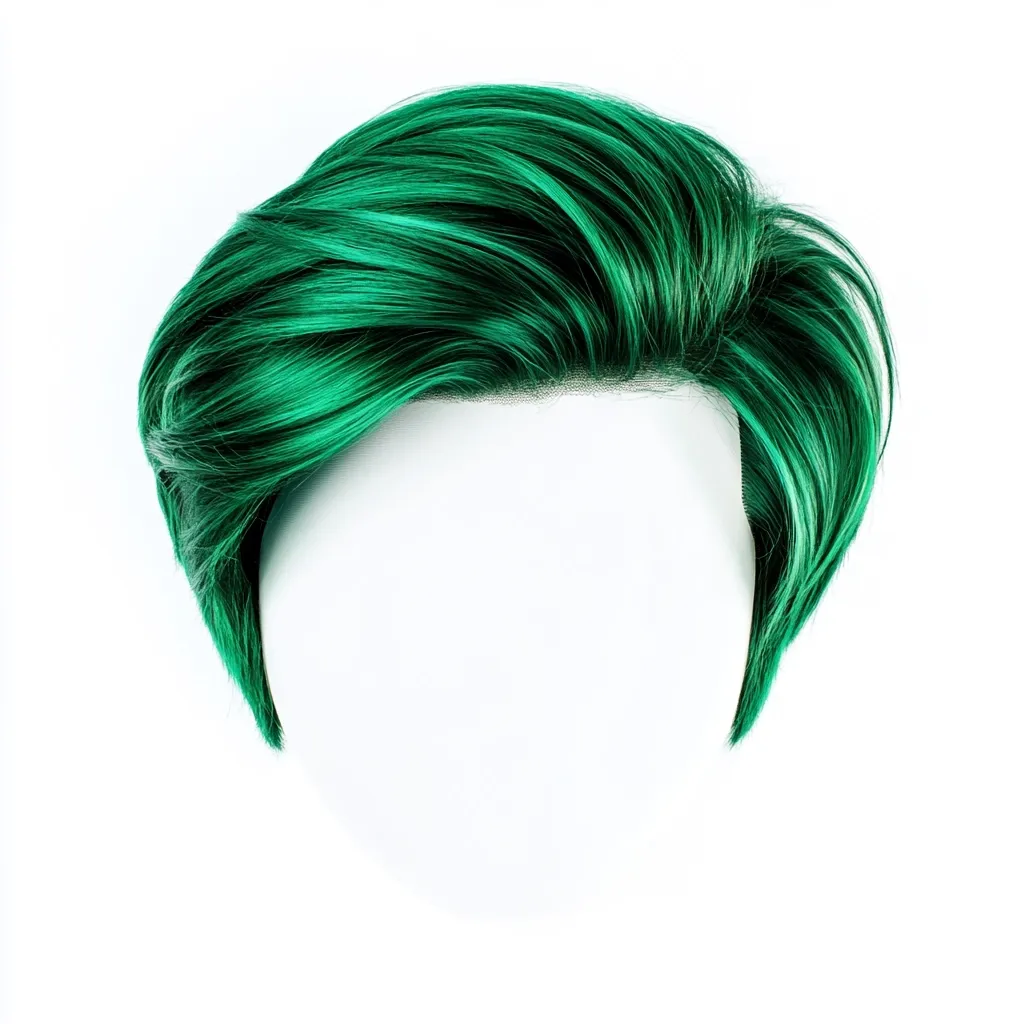 A vibrant green men's wig is showcased against a stark white background.  The wig features a short, stylish cut with sleek, combed-back styling.  Its bright, even color and glossy texture are clearly visible. The wig is displayed in profile, highlighting its shape and fullness.  The overall impression is one of modern and bold hair fashion.
