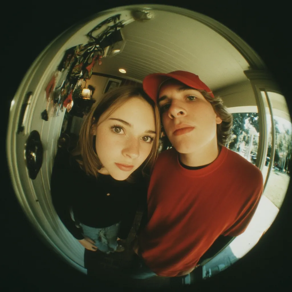 A fisheye lens captures a close-up shot of a young couple. The girl, with shoulder-length light brown hair, wears a black long-sleeved shirt.  Beside her, a boy in a red shirt and cap gazes directly at the camera. They stand close together, creating an intimate and youthful feel. The background reveals a hallway with personal items on the wall, suggesting a casual home setting.  The distorted perspective of the lens adds a playful, nostalgic effect.