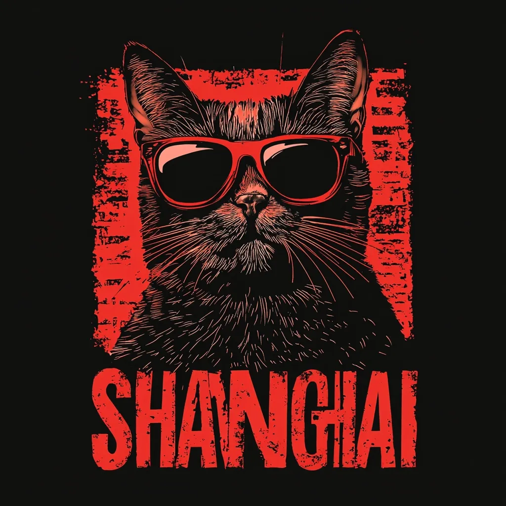 A stylized illustration features a black cat wearing red sunglasses.  The cat's image is detailed with black and red ink, set against a black background. A red, textured rectangle frames the cat's face.  Below the cat, the word "SHANGHAI" is written in a bold, distressed red font. The overall style is edgy and graphic.