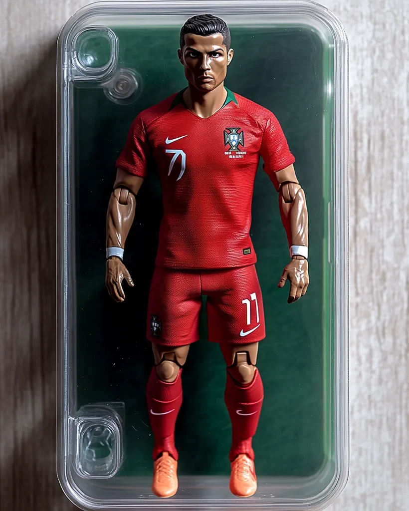 A detailed action figure of Cristiano Ronaldo, the renowned Portuguese footballer, is showcased in a clear plastic protector.  He's dressed in his national team's red jersey, bearing the number 7 and the Portuguese crest. The figure is meticulously crafted, capturing Ronaldo's likeness and stance with remarkable accuracy. The protective case highlights the collectible nature of this figurine.