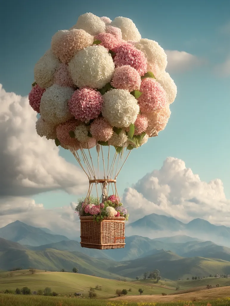 A whimsical hot air balloon crafted entirely from fluffy pink and white hydrangeas floats serenely over a picturesque landscape.  A smaller wicker basket, overflowing with additional flowers, hangs below. The balloon drifts against a backdrop of rolling green hills and a vibrant blue sky dotted with fluffy white clouds, creating a dreamy and enchanting scene.
