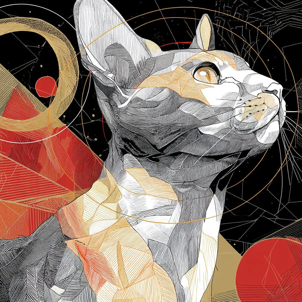 A detailed line drawing of a calico Sphynx cat, its head tilted upwards. The cat is rendered in grayscale with accents of gold and red, set against a background of geometric shapes and swirling lines in shades of red, gold, and black.  The style is intricate and reminiscent of geometric art and celestial patterns. The overall effect is striking and visually captivating.