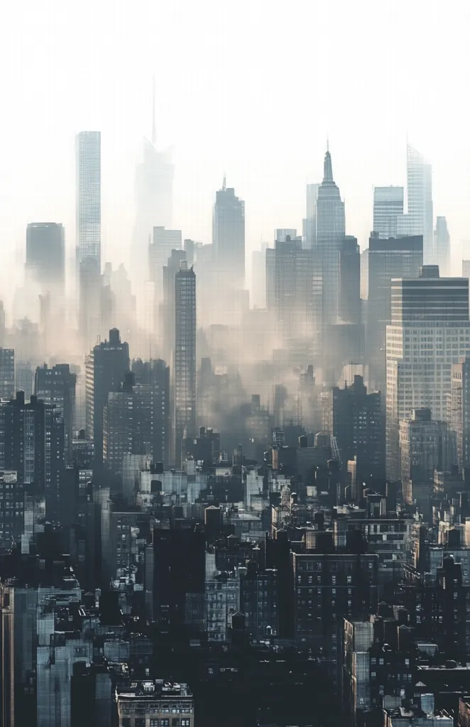 A dense cityscape is shrouded in a thick fog, obscuring many buildings.  Tall skyscrapers pierce the hazy atmosphere, while shorter buildings are partially or completely hidden. The scene evokes a sense of mystery and urban density, with a monochromatic palette dominated by grays and muted blues.  The fog creates a dramatic, almost ethereal, effect on the city skyline.