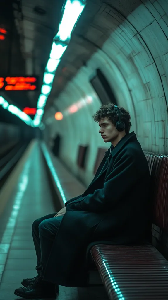 A young man sits alone on a subway bench, wearing headphones and a dark coat.  The turquoise-lit tunnel stretches behind him, disappearing into the distance.  He appears pensive, lost in thought or music, as he waits on the platform.  The overall atmosphere is moody and contemplative.