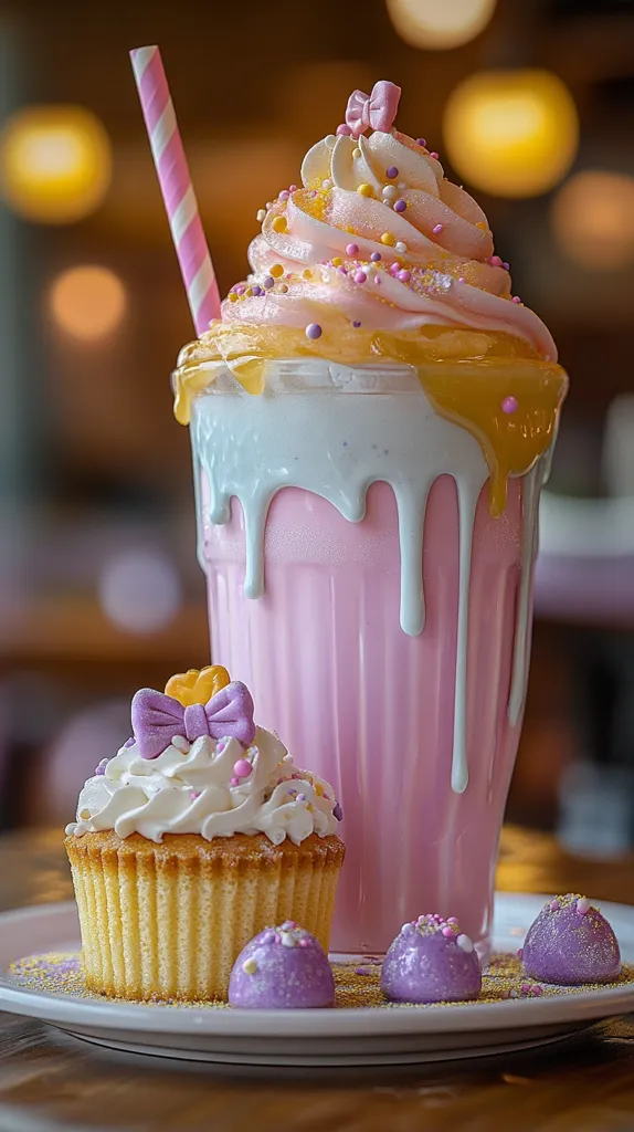 A decadent pink milkshake, topped with whipped cream, sprinkles, and a drizzle of a light-colored sauce, is presented alongside a miniature cupcake adorned with a purple bow.  Three small, sparkly purple candies complete the sweet ensemble, all displayed on a plate dusted with gold sprinkles. The overall aesthetic is whimsical and sugary sweet.