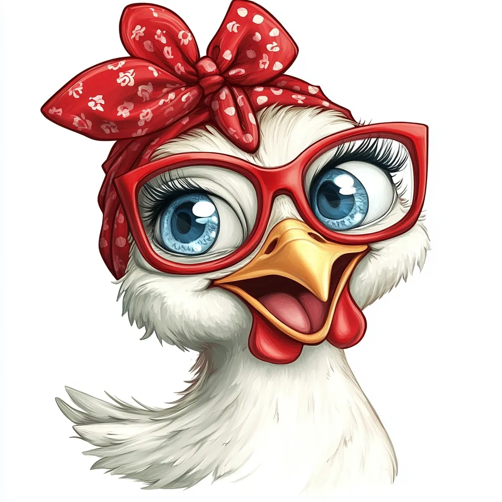 A cartoon hen with large, expressive blue eyes and oversized red glasses smiles cheerfully.  She wears a red polka-dotted bandana tied in a bow atop her head.  The hen's fluffy white feathers and bright red comb and wattles add to her charming and quirky appearance. The style is digitally painted, with a focus on bright colors and exaggerated features.