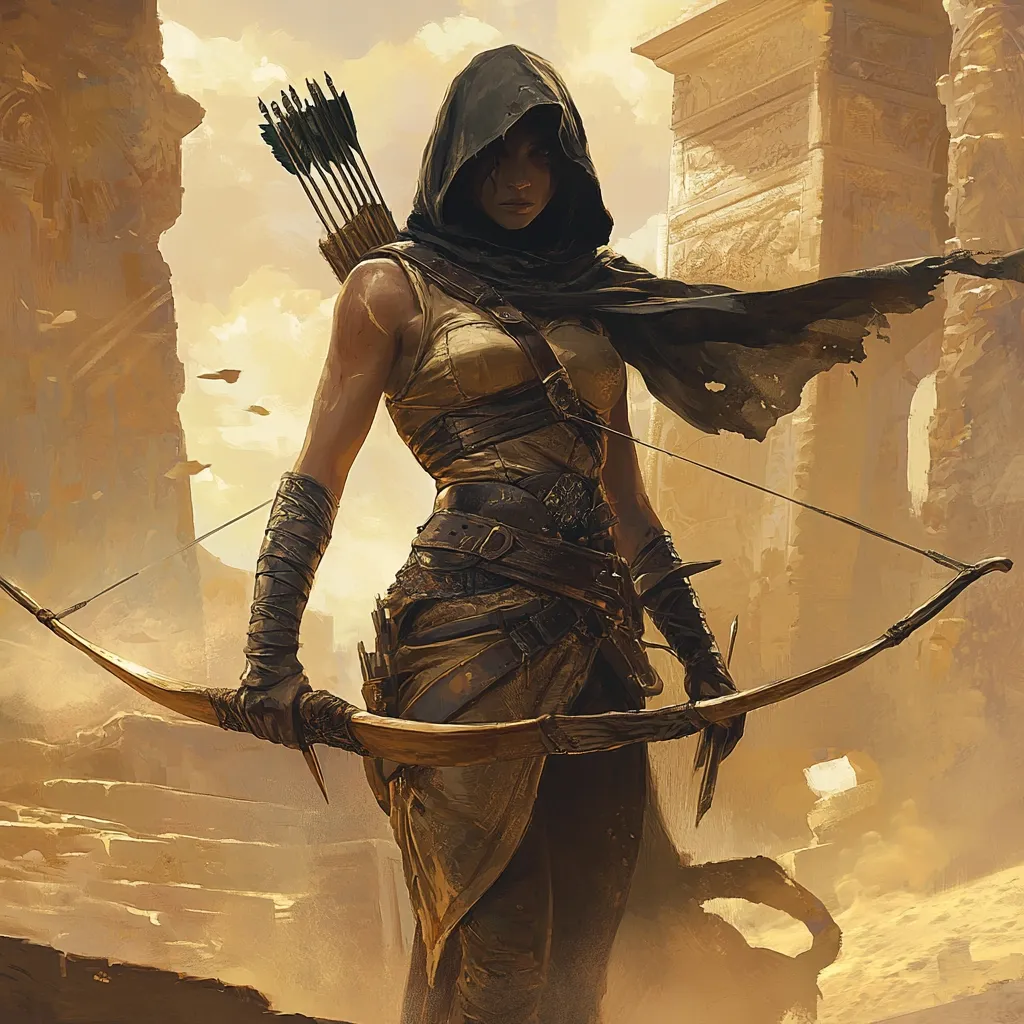 A female archer, cloaked and armed with a recurve bow and quiver of arrows, stands amidst the ruins of ancient stone structures.  Her attire suggests a desert environment.  The warm, dusty light suggests a dry climate.  The image evokes a sense of adventure and mystery.  Her serious expression hints at a warrior's resolve.
