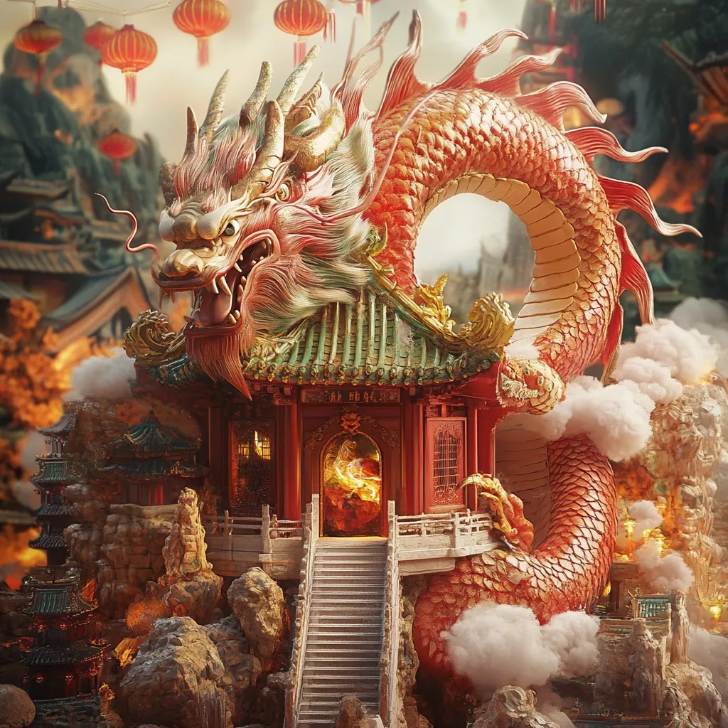 A majestic, ornate red and gold dragon coils around a traditional Chinese pavilion, its head proudly displayed.  The pavilion, nestled amongst rocky outcrops and shrouded in mist, features intricate detailing and a fiery interior.  Red lanterns hang in the background, adding to the vibrant, fantastical scene evocative of Chinese mythology and architecture.  The overall atmosphere is one of mystical power and ancient legend.