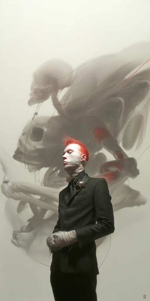A stylized portrait features a person with bright red hair and bandages covering their face, dressed in a dark suit.  They stand before a large, ethereal background depicting a ghostly, skeletal figure seemingly composed of smoke or fabric. The overall aesthetic is dark, artistic, and slightly surreal. The contrast between the sharp lines of the suit and the hazy background creates a visually striking image.
