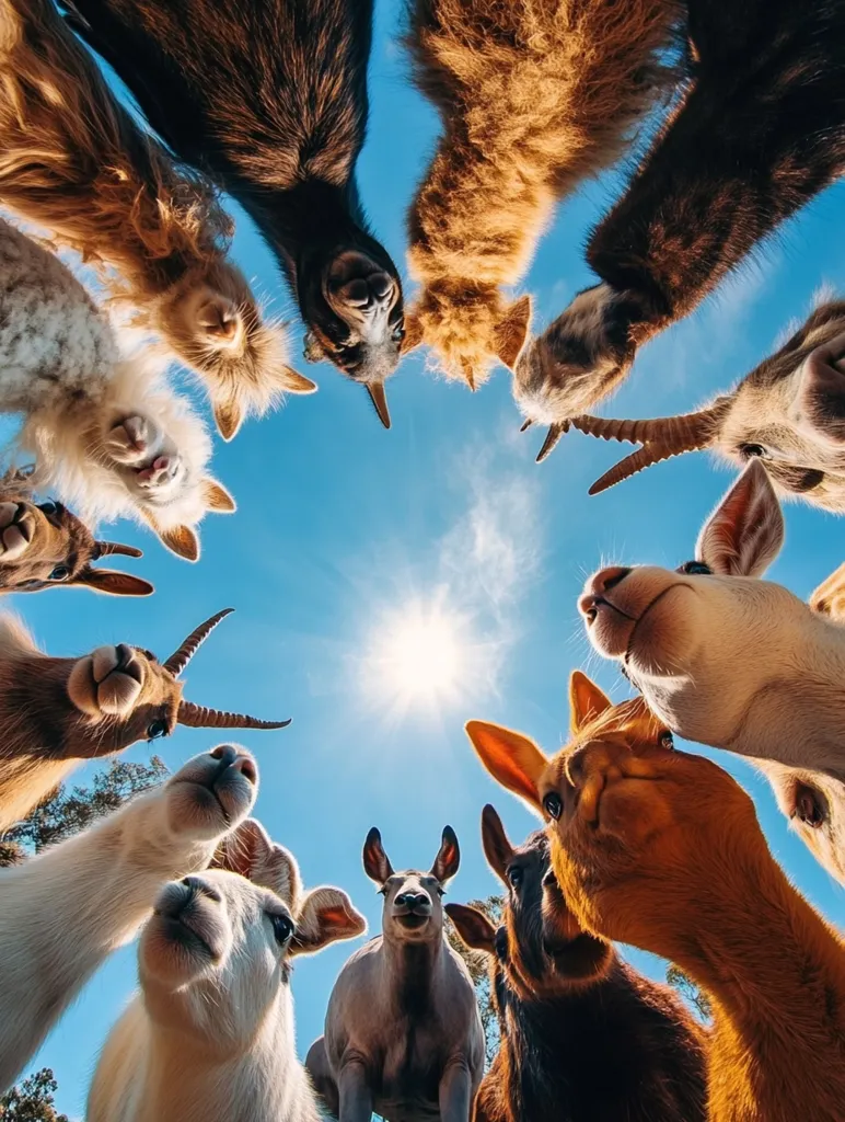 A circle of various animals, including goats, sheep, and alpacas, gazes upward towards the bright sun in a clear blue sky.  Their fluffy coats and curious expressions create a playful and whimsical scene, viewed from a low angle, emphasizing their upward gaze. The animals appear friendly and close together, forming a unique and charming composition.