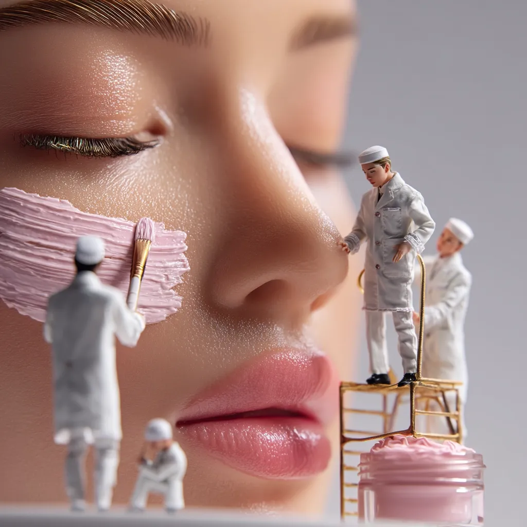Close-up of a woman's face with miniature figures applying pink cream to her cheek.  One figure uses a brush, another attends to her nose, and a third observes.  The scene is artistic, depicting skincare as a meticulous process with a whimsical touch.  The pink cream is in a jar, adding to the cosmetic theme.