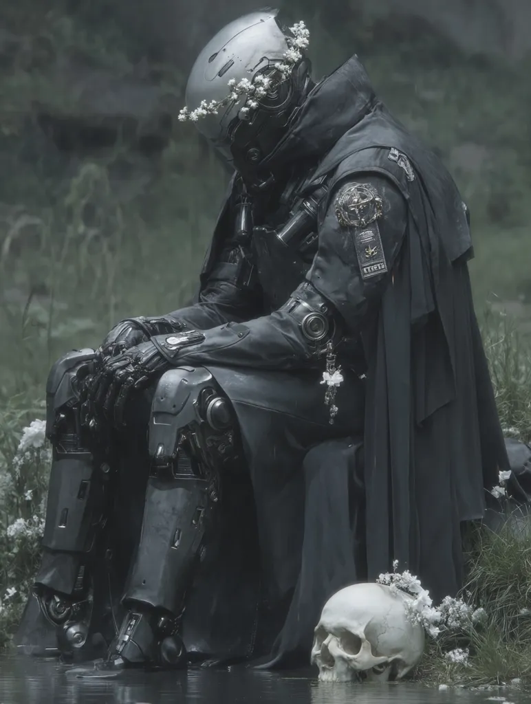 A melancholic android, clad in dark, flowing attire and a helmet adorned with delicate white flowers, sits pensively by a tranquil body of water.  Its mechanical limbs are visible beneath the cloak, contrasting with the serene setting. A human skull, also decorated with flowers, rests at its feet, adding to the image's somber mood and suggesting themes of mortality and artificial intelligence. The overall aesthetic is dark, moody, and evocative.