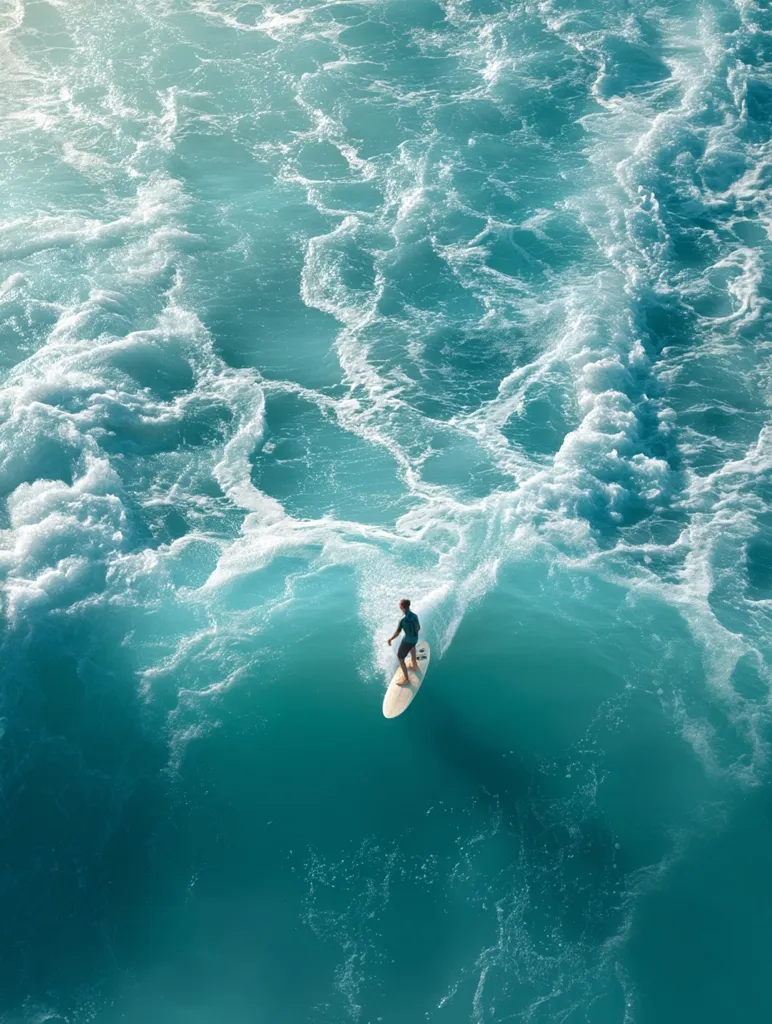 An aerial view captures a surfer riding a wave in a vast, turquoise ocean.  The water is textured with whitecaps and swells, creating a dynamic scene. The surfer, small in scale against the immense ocean, appears to be navigating a smooth section of the wave. The overall image evokes a feeling of freedom and the power of nature.