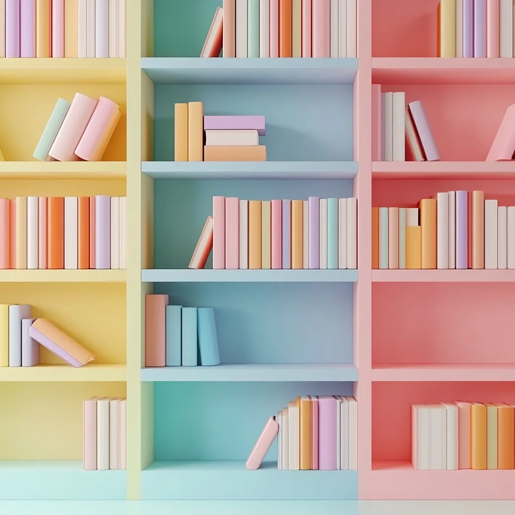A pastel-colored bookshelf displays rows of books in soft hues of yellow, blue, and pink.  Each shelf is meticulously organized, with books stacked neatly and uniformly. The color-coordinated arrangement creates a calming and visually appealing aesthetic, suggesting a space dedicated to reading and tranquility. The overall image evokes feelings of serenity and order.