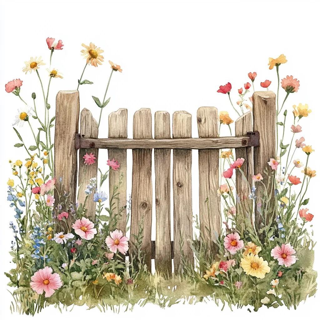 A watercolor painting depicts a rustic wooden fence gate, overgrown with a vibrant array of wildflowers.  Pink, yellow, and orange blossoms frame the weathered wood, creating a charming, idyllic scene.  The gate is slightly ajar, hinting at a hidden garden beyond. The overall style is delicate and peaceful, evoking a sense of summer tranquility.