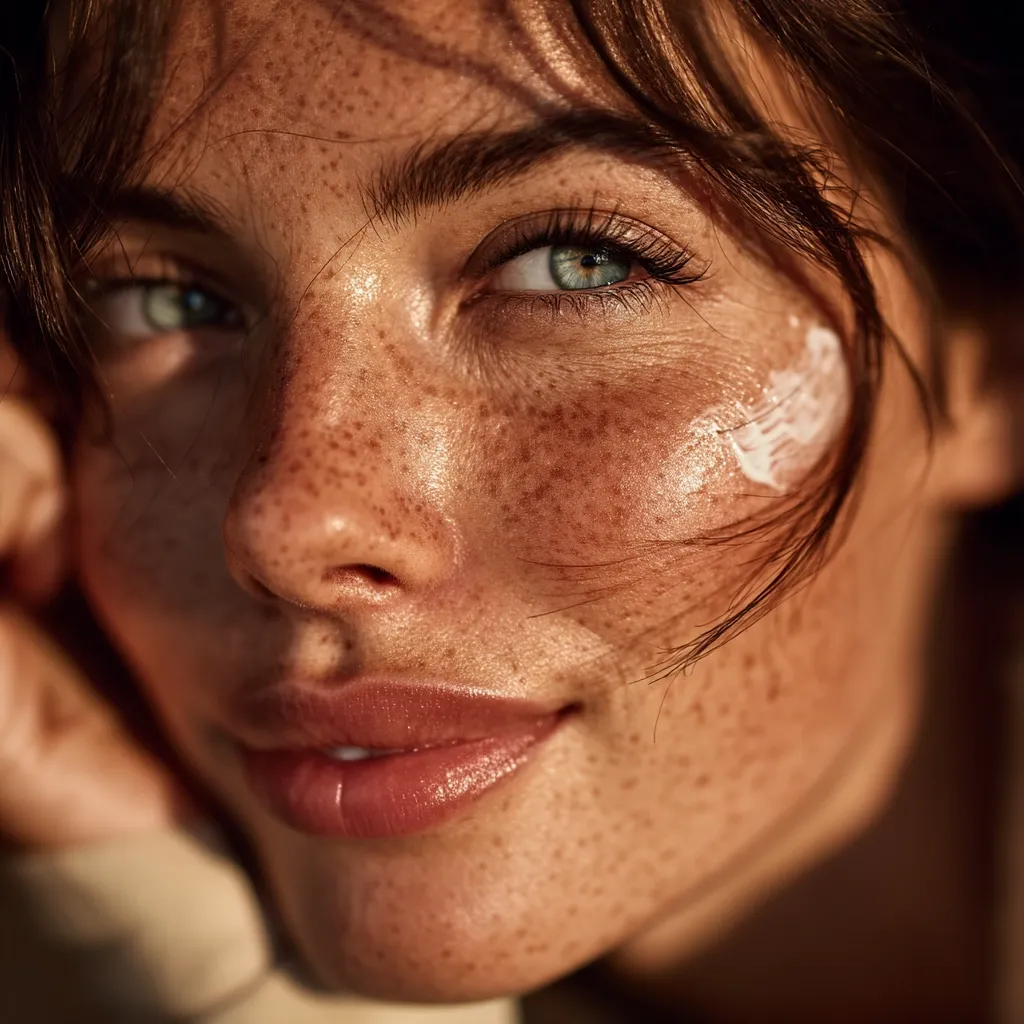 Close-up of a woman's face, showcasing her freckled skin and green eyes.  A small amount of white cream is visible on her cheek.  Soft sunlight illuminates her features, highlighting her natural beauty. She has dark brown hair framing her face, and a gentle smile plays on her lips. The overall image is warm and inviting.