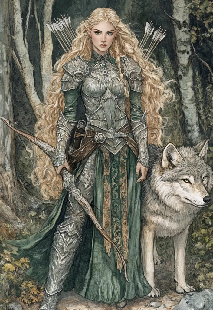 A blonde elf woman, clad in ornate silver armor and a flowing green gown, stands in a forest.  She holds a longbow, a quiver of arrows rests on her back, and a grey wolf sits calmly beside her.  The scene is detailed, with a focus on the elf's attire and the natural setting.  The overall mood is serene yet powerful, suggesting a warrior princess or protector of the woods.
