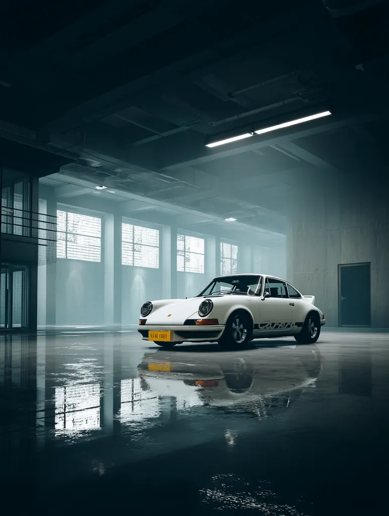 A classic white Porsche 911 Carrera sits in a dimly lit, spacious garage.  The polished concrete floor reflects the car, creating a mirrored image.  Large windows and high ceilings showcase the industrial architecture of the building, enhancing the car's sleek lines and sophisticated design. A sense of quiet luxury pervades the scene.