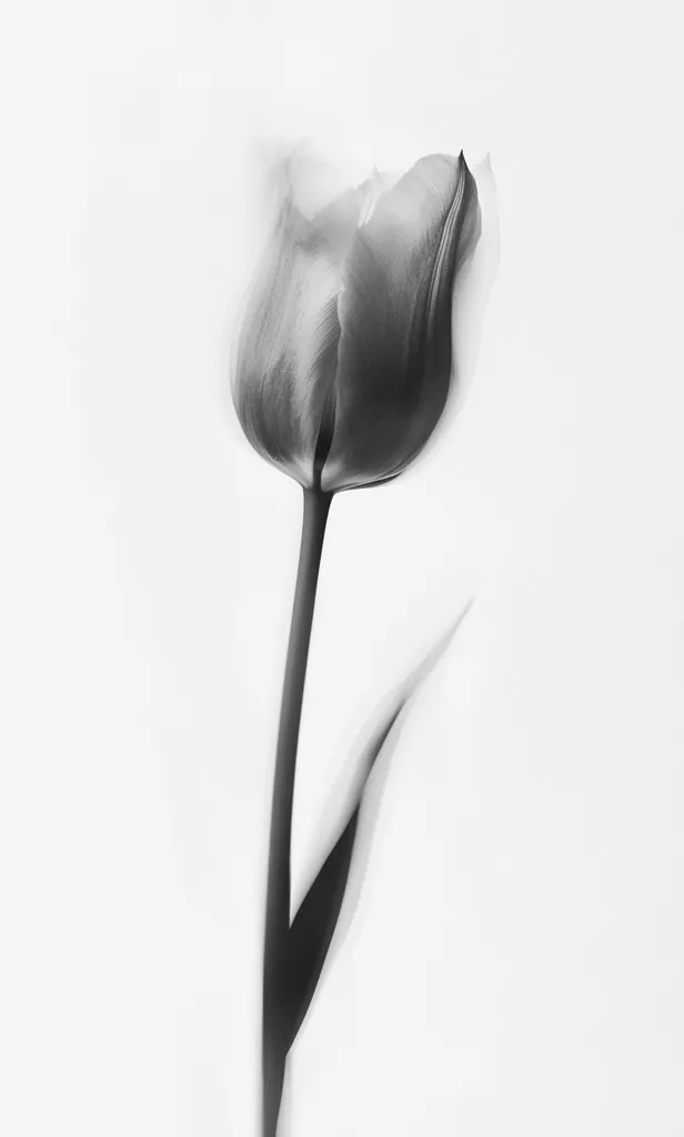 A grayscale photograph showcases a single tulip in exquisite detail.  The bloom is softly blurred, creating a delicate, ethereal quality. The tulip's stem and a single leaf are sharply in focus, contrasting with the flower's softness. The background is a clean, bright white, drawing all attention to the elegant simplicity of the flower. The overall image is serene and minimalist.