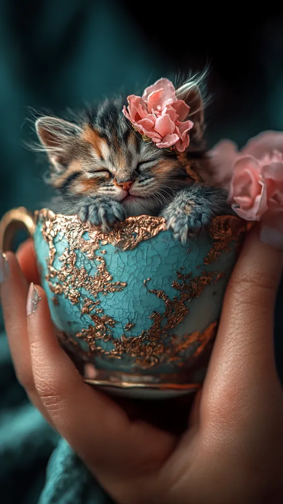 A tiny kitten, adorned with a pink flower, peacefully sleeps nestled inside a delicate, teal crackled teacup.  The cup, embellished with gold accents, is cradled gently in a hand.  Soft lighting and a blurred background enhance the image's charming and serene atmosphere. The overall composition creates a heartwarming and aesthetically pleasing scene.