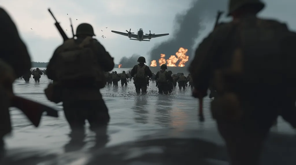 A dramatic scene depicts a large group of soldiers wading through shallow water, advancing towards a fiery explosion in the distance. A military plane flies overhead, adding to the intensity of the wartime atmosphere. The soldiers are silhouetted against the smoke and flames, their forms obscured, creating a sense of both chaos and determination.  The overall mood is one of grim determination and the harsh realities of conflict.