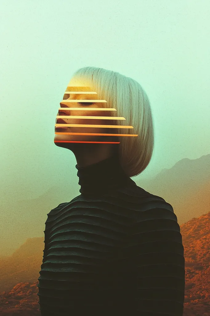A stylized portrait of a woman with platinum blonde hair, her face partially obscured by horizontal, warm-toned stripes.  She's dressed in a dark, textured turtleneck, standing against a hazy, sunset-colored landscape of muted mountains. The image evokes a sense of mystery and introspection, with a blend of digital art and photographic techniques.