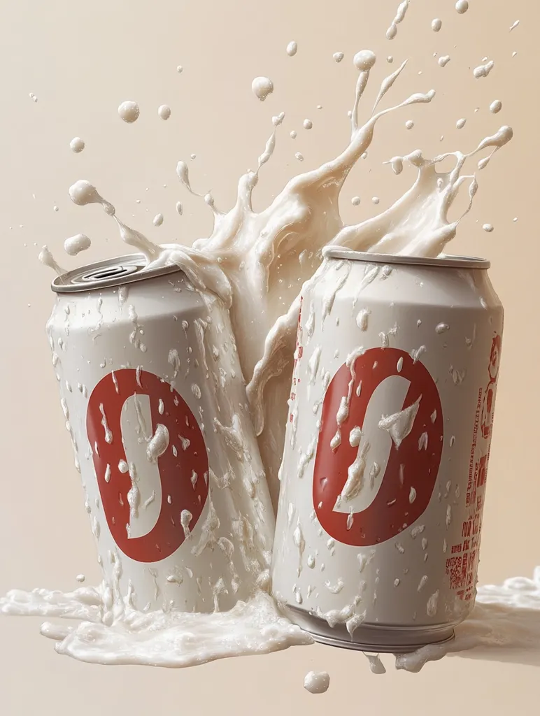 Two aluminum cans, adorned with a stylized red "S" logo, are submerged in a creamy white liquid.  A dramatic splash of the liquid surrounds the cans, creating a dynamic and visually appealing image. The cans appear to be a beverage product, possibly a soda or milk alternative, based on the creamy texture of the surrounding liquid.  The overall aesthetic is clean and modern.