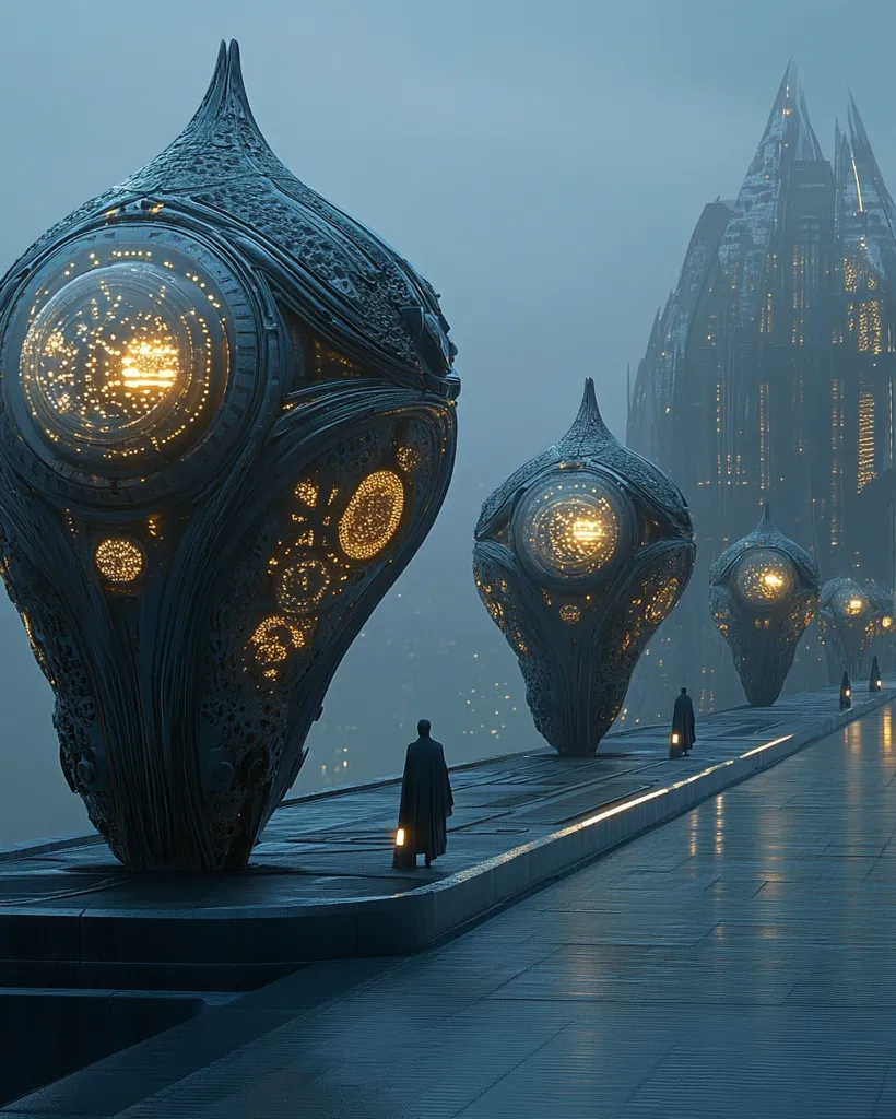A lone figure walks along a futuristic elevated walkway lined with large, ornate, teardrop-shaped structures emitting a warm, golden glow from within.  These enigmatic objects are positioned before a distant, imposing city shrouded in mist. The scene evokes a sense of mystery and advanced technology in a melancholic, atmospheric setting.
