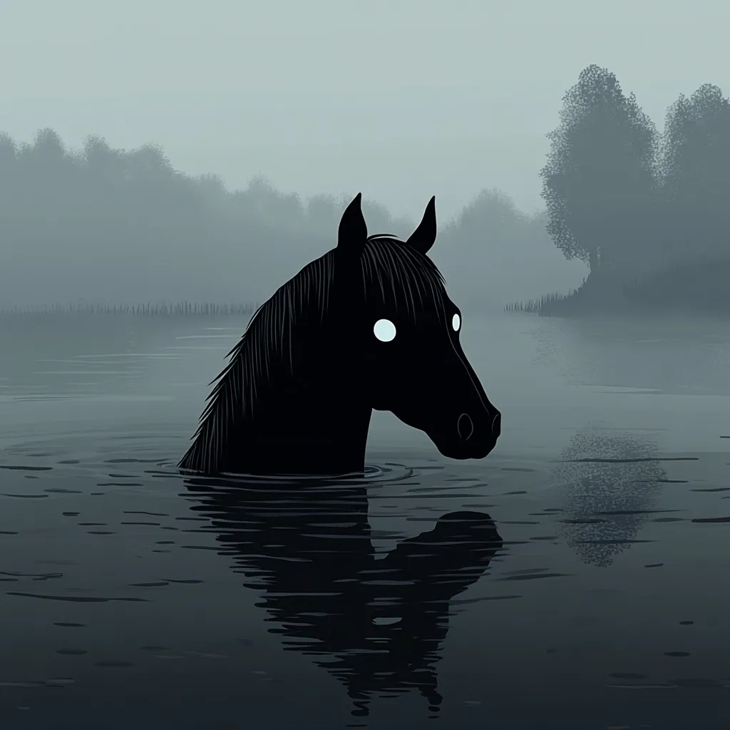 A minimalist illustration depicts a black horse's head and neck emerging from a still, dark body of water.  The horse's eyes glow with an ethereal white light.  A hazy, misty background suggests a swamp or lake, with indistinct trees on the far shore. The overall mood is mysterious and slightly unsettling. The image's muted color palette enhances the somber atmosphere.