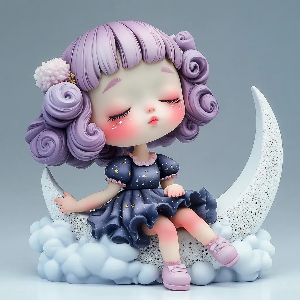 A charming resin figurine depicts a young girl with lavender curls, rosy cheeks, and closed eyes, sitting serenely on a crescent moon nestled in clouds.  She wears a dark blue, star-patterned dress and pink shoes. The doll's delicate features and pastel color palette create a whimsical, dreamlike aesthetic.  The overall impression is one of peaceful slumber and fairytale magic.