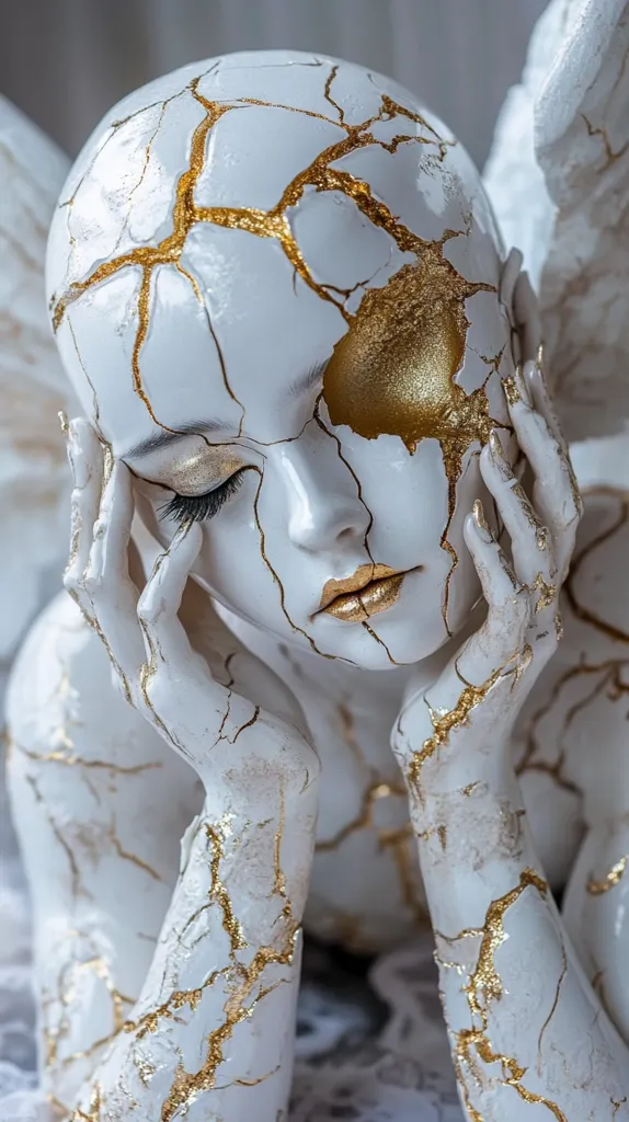 A striking sculpture depicts an angelic figure with a cracked, white surface accented by gold detailing.  The figure's face is partially obscured, eyes closed, conveying a sense of serenity or fragility.  The cracks resemble delicate, golden veins across the white marble-like skin.  The overall effect is one of ethereal beauty and subtle vulnerability.  The angel's wings are partially visible, adding to the celestial theme.