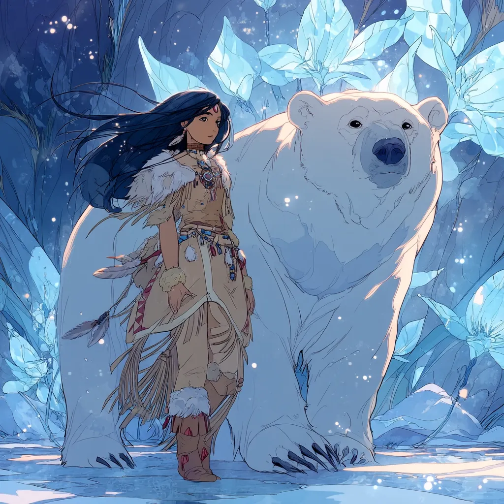 A young woman, adorned in Native American-inspired attire, stands beside a majestic polar bear.  She wears a tan and brown dress with intricate detailing and feathered accents, her long dark hair flowing.  The scene is set in a winter wonderland, amidst stylized, icy blue flowers.  The overall style is reminiscent of fantasy art, with a peaceful and ethereal atmosphere.  The woman and bear share a quiet moment in the snowy landscape.