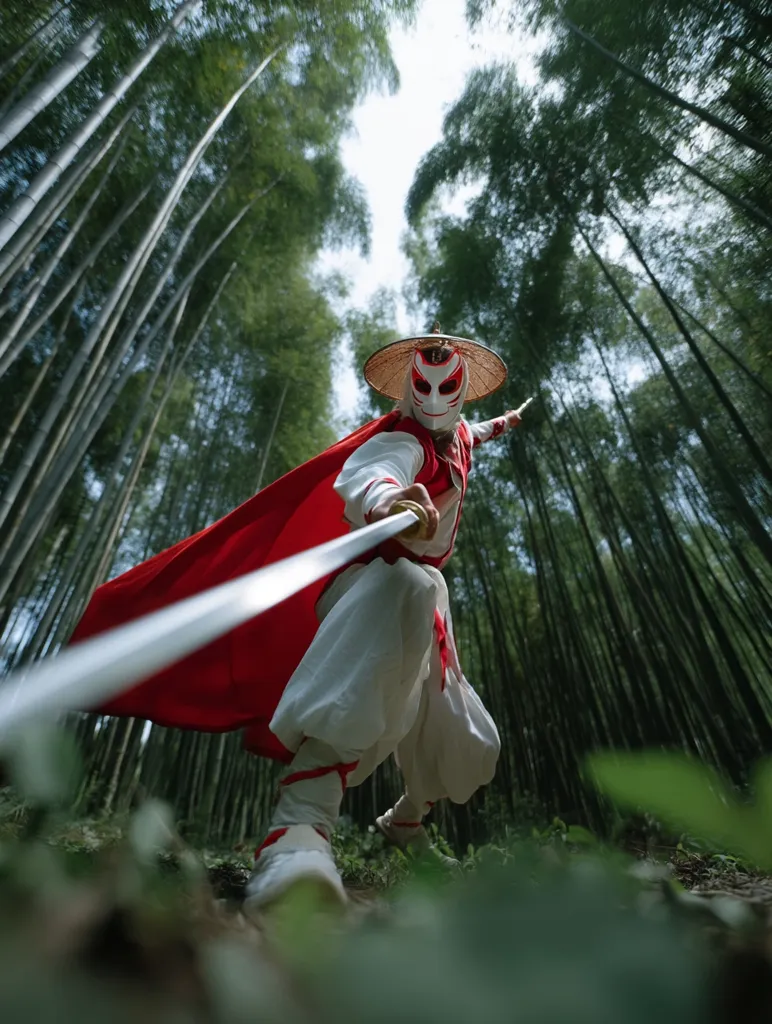 A low-angle shot captures a person in a stylized samurai costume, wielding a long sword within a bamboo forest.  The figure, wearing a red cape and white attire, is masked and adopts a dynamic pose.  The bamboo stalks tower overhead, creating a dramatic vertical composition, emphasizing the warrior's movement and the serene, natural setting. The image is sharp and detailed.