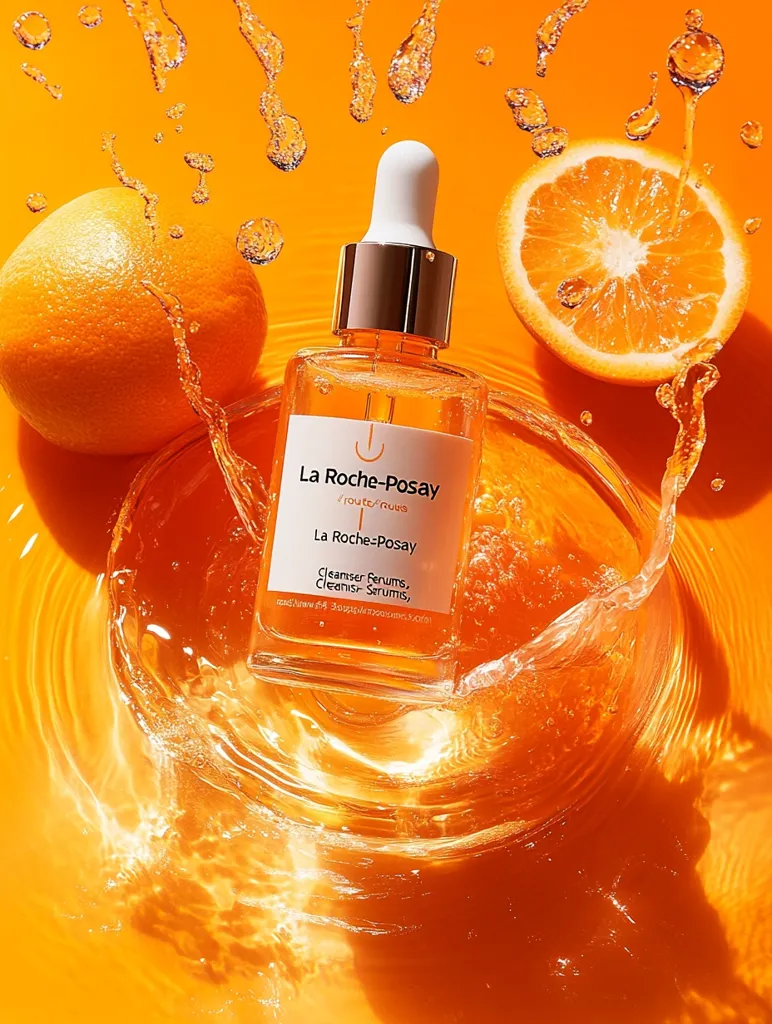 A bottle of La Roche-Posay cleanser serum is the focal point of this vibrant image.  Surrounded by splashing orange liquid and halved oranges, the bottle's amber contents and gold accents mirror the citrus theme. The scene is brightly lit, emphasizing the product's freshness and the energetic movement of the liquid. The overall aesthetic is clean, modern, and appealing.