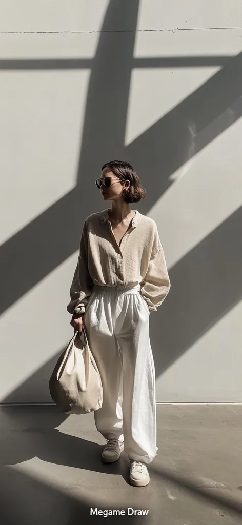 A woman with short brown hair and sunglasses wears a beige oversized shirt and loose white pants. She carries a beige tote bag and wears white sneakers.  The setting is minimalist, with a bright white wall and strong shadows cast by an unseen window, creating a stylish, sun-drenched image.