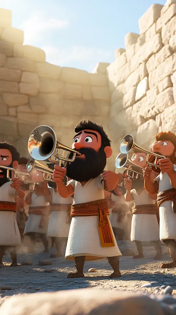 A group of animated figures, resembling biblical characters, march between ancient stone walls.  The central figure, a man with a beard, plays a trumpet.  Others in the group also play trumpets, creating a processional scene filled with dust and sunlight.  Their attire is simple, white robes with colored sashes. The overall style is cartoonish yet detailed, suggestive of a historical or religious narrative.
