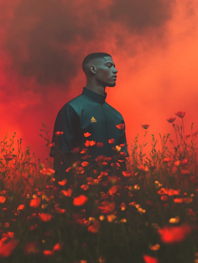 A man stands amidst a field of red poppies, silhouetted against a fiery orange sky. He wears a dark green Adidas jacket, the logo subtly visible.  The atmosphere is moody and evocative, with a hazy, smoky quality to the background.  The image conveys a sense of contemplation and quiet strength.