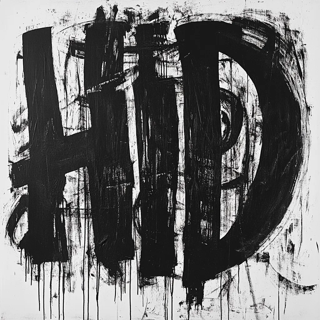 A bold, abstract artwork featuring the letters "HID" rendered in thick, black paint strokes against a white background.  The letters are overlaid with energetic brushwork and drips, creating a sense of movement and texture.  The style is reminiscent of graffiti art, yet possesses a raw, expressive quality.  The overall effect is dynamic and visually striking.