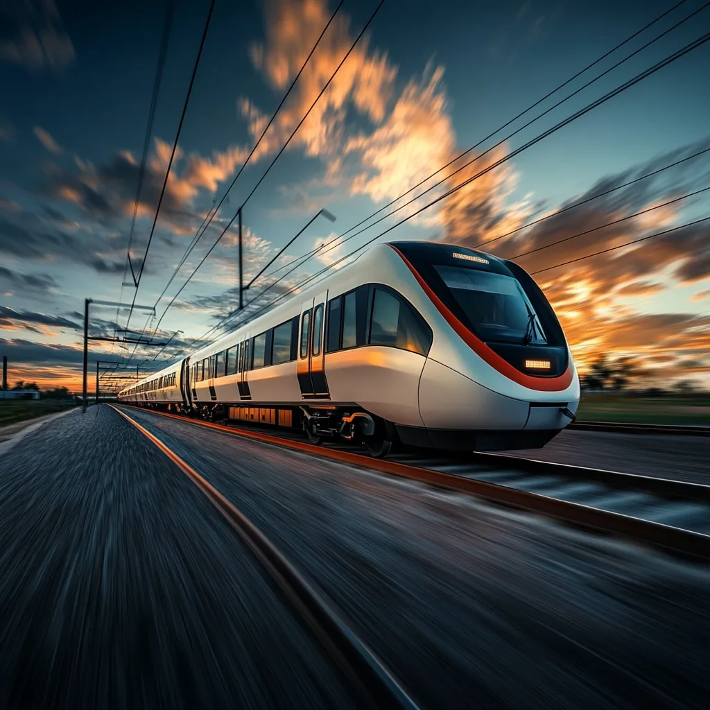A sleek, modern electric train speeds along a railway track at sunset.  The train is predominantly white with orange accents, and the dynamic motion blur emphasizes its high velocity.  The sky showcases vibrant orange and purple hues, creating a dramatic backdrop to the scene.  Overhead power lines stretch across the image, adding to the technological feel.