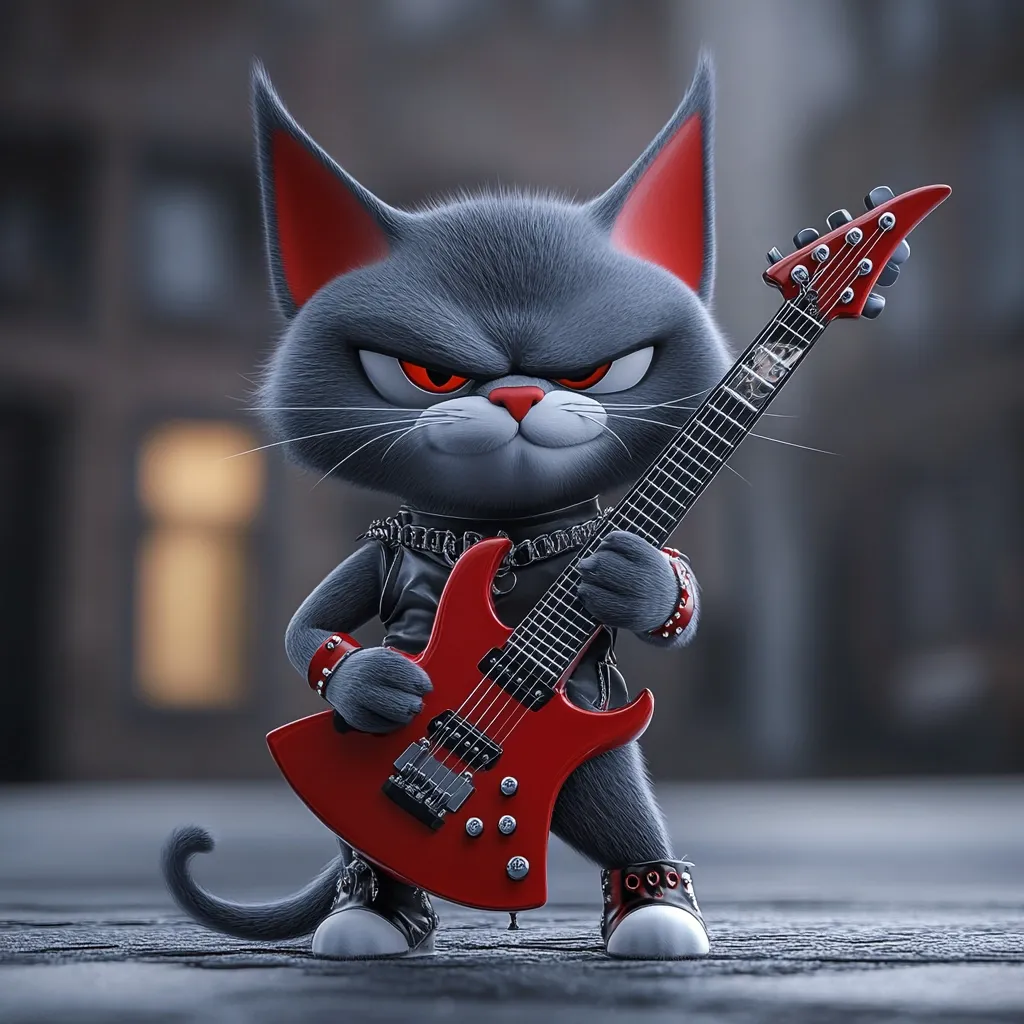 A grumpy-looking, grey cartoon cat with red ears and angry red eyes plays a bright red electric guitar.  The cat is dressed in a black leather jacket and studded bracelets, giving it a rock and roll appearance. It stands on a dark surface, possibly a street or alleyway, with a blurred background. The image is a 3D rendering with a focus on the cat and its instrument.