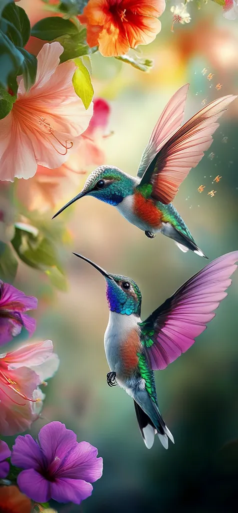 Two vibrant hummingbirds hover amidst a profusion of colorful flowers.  One hummingbird, with predominantly orange and red feathers, is positioned above a second hummingbird with striking purple and green plumage.  The blossoms, a mix of pink, orange, and purple, create a lush and colorful backdrop, enhancing the breathtaking beauty of the scene.  The image is digitally enhanced, exhibiting a surreal quality.