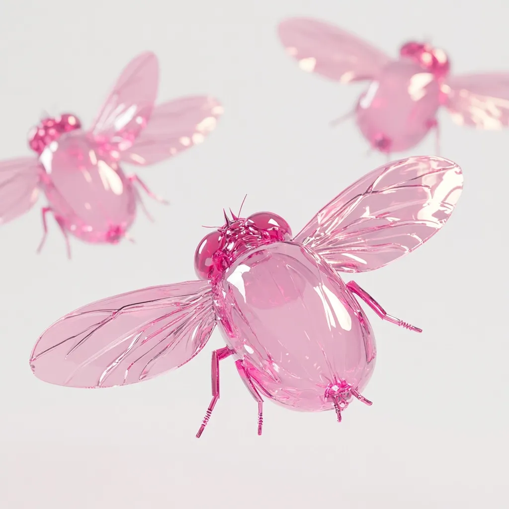 Three translucent, pink, insect-like sculptures float against a white background.  They are rendered with a glass-like appearance, showcasing intricate detail in their wings and bodies. The central figure is in sharp focus, while the others are slightly blurred, creating a sense of depth and movement. The overall aesthetic is one of delicate beauty and surrealism.